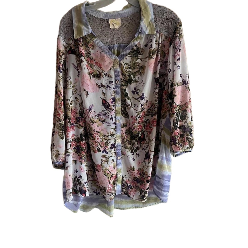 Anthropologie Floral Print Button Down Lace Detail‎ 3/4 Sleeve Blouse Womens 1X
